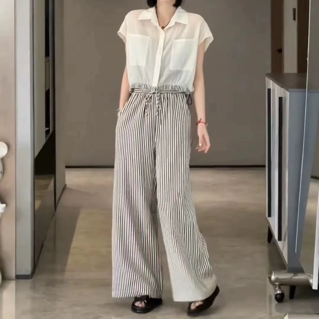 A8866时尚休闲短袖衬衫条纹阔腿裤两件套套装