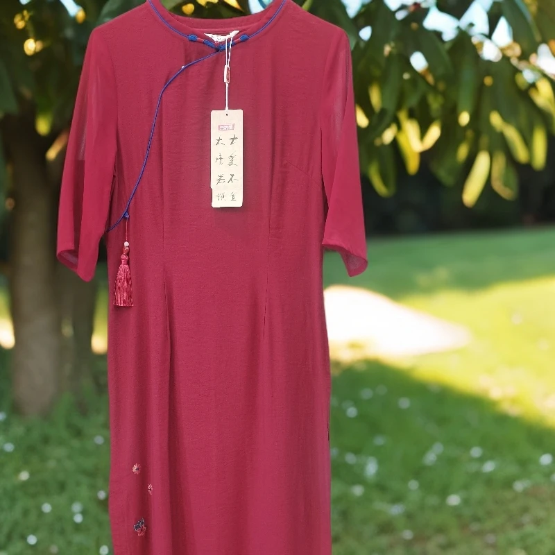 优雅常规款日常气质棉麻圆领刺绣改良汉服提花旗袍七分袖中国风