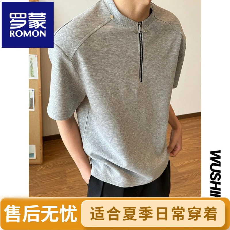 罗蒙百搭太空棉高级感半拉链垫肩t恤男短袖美式高街设计感半袖