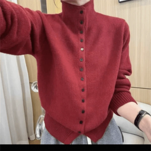 【巴韩】玲姐家9992时尚韩韩系慵懒感半高领单排扣宽松开衫毛衣外套