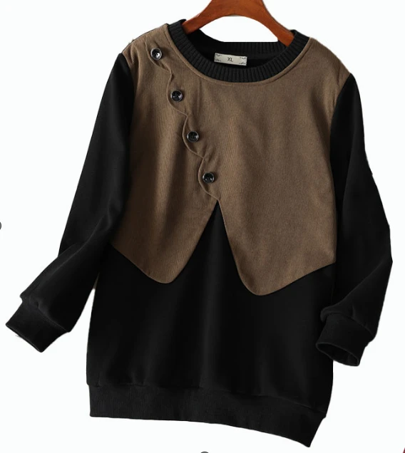 12088加绒卫衣韩版拼接百搭秋季时尚长袖复古假两件加绒