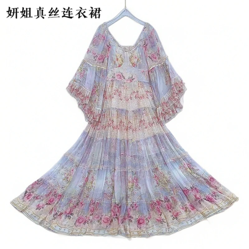 2025桑蚕丝长袖度假风法式真丝连衣裙气质优雅粉花色 208105