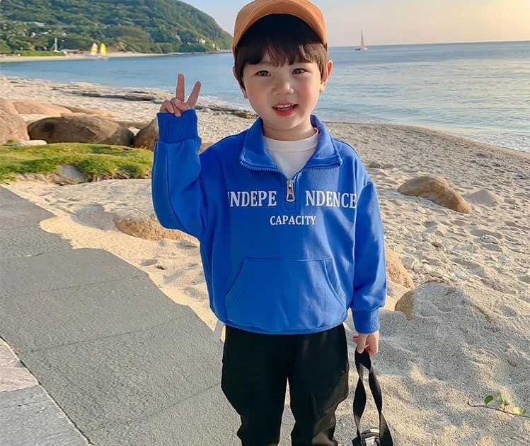 儿童春秋常规薄款文字男休闲风卫衣洋气外套春装连帽休闲秋季上衣