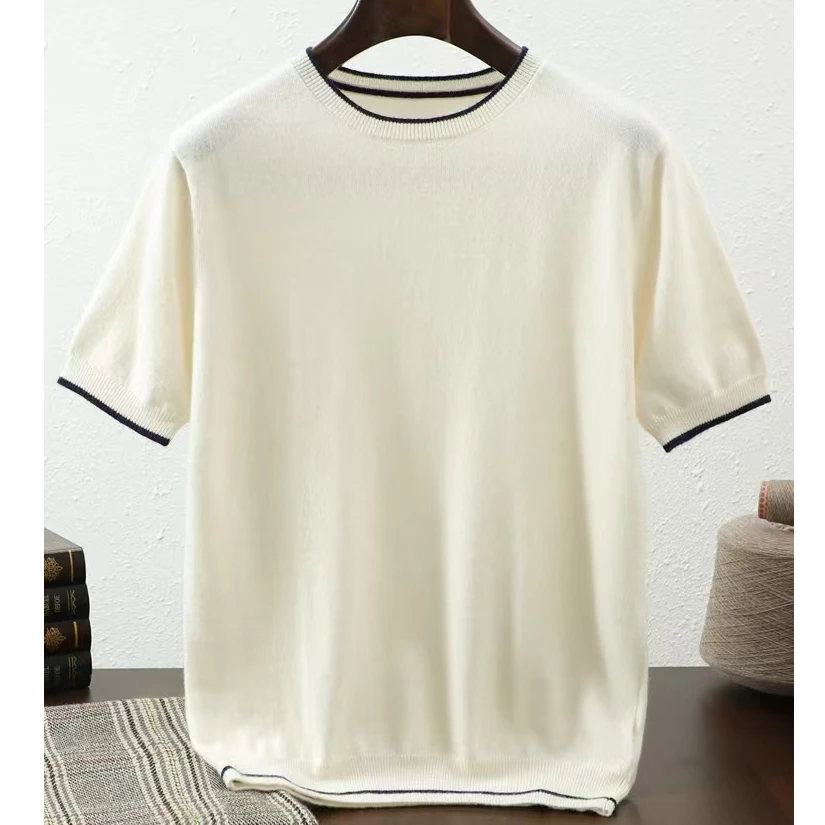 纯山羊绒半袖男士圆领短袖针织毛衣打底衫春秋冬保暖全羊绒t恤衫