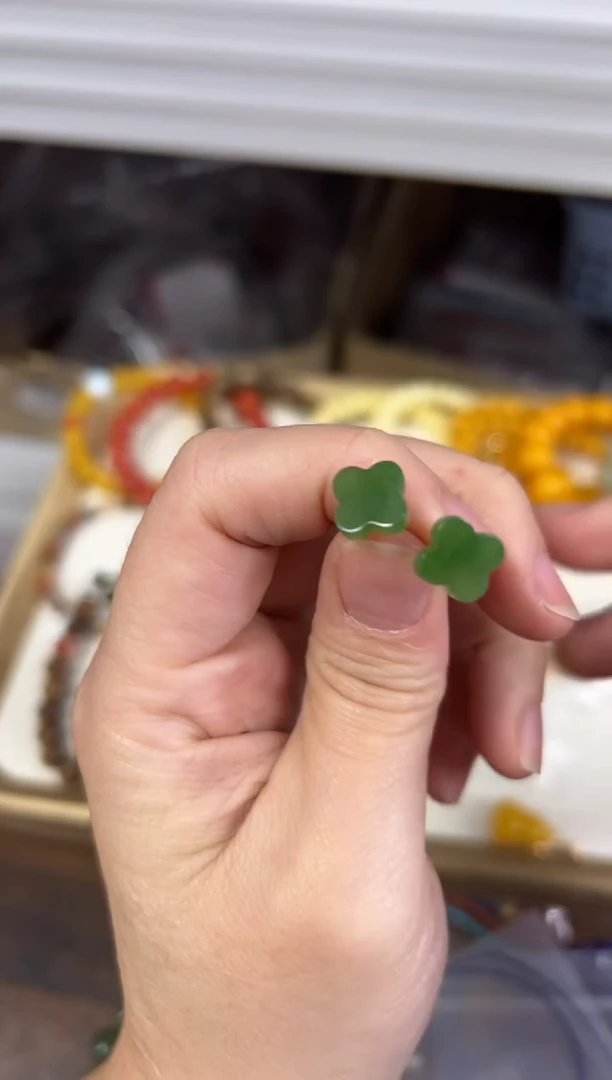 银S925镶嵌和田玉耳饰和田玉碧玉四花花朵银耳钉[90]