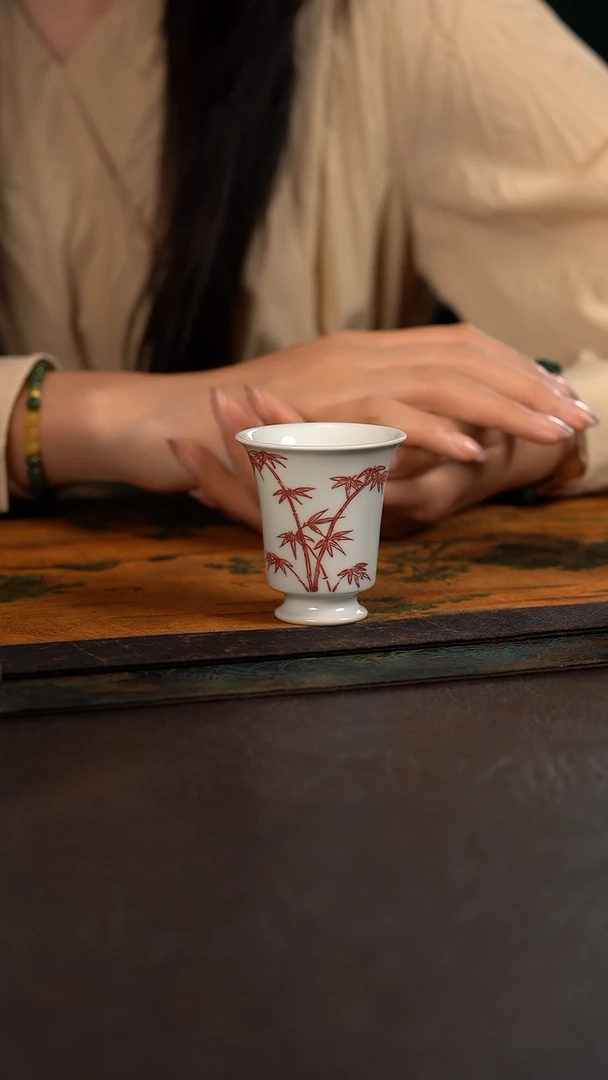 杯贵红窑釉里红竹子闻香杯