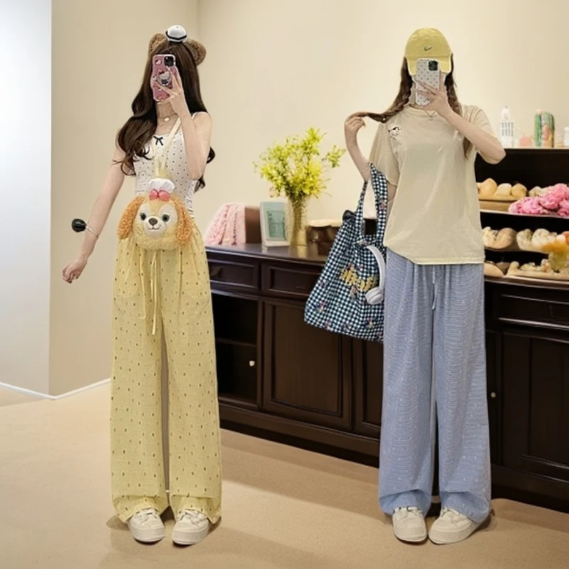 小个子145黄色波点多巴胺阔腿九分裤女夏季150休闲宽松慵懒山本裤