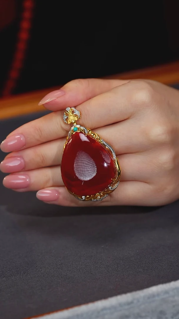 南红玛瑙18K金镶嵌吊坠(不含链)原矿D2-23