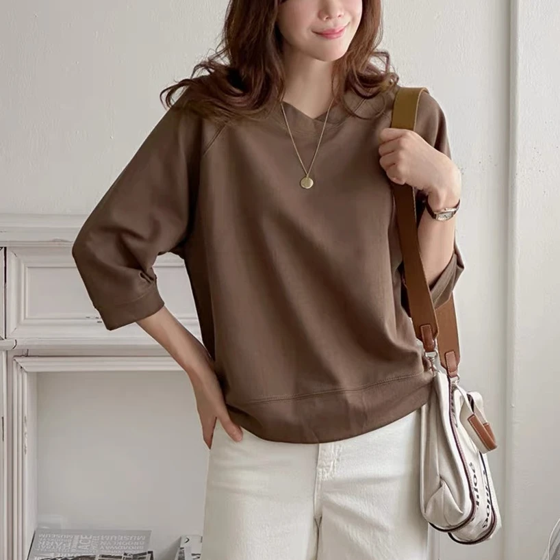 YANUJIAO/雅奴嬌大码胖mm宽松中袖上衣七分袖时尚气质短袖女士T恤