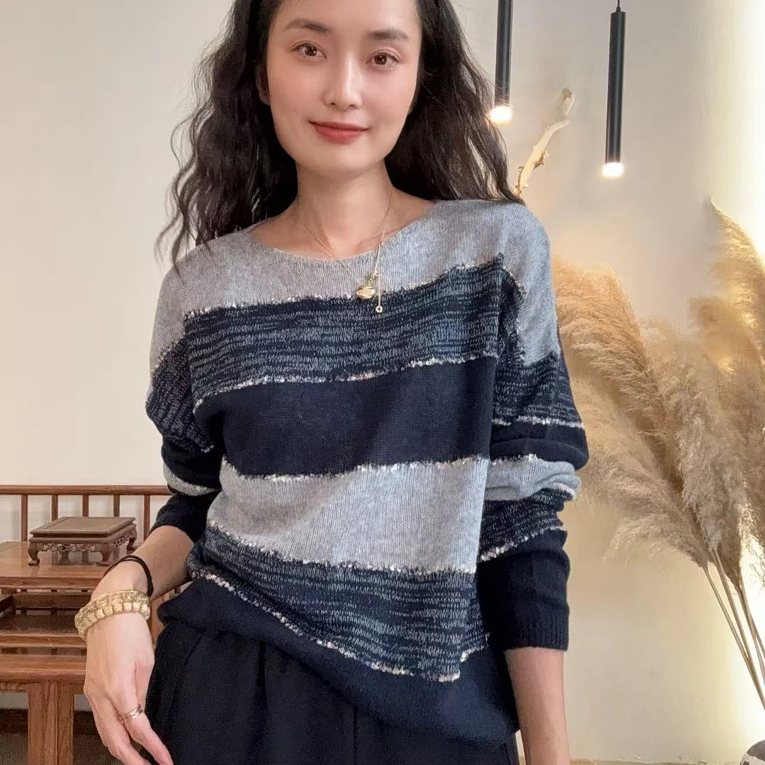 6813-长袖条纹针织圆领毛针织衫时尚套头拼接撞色