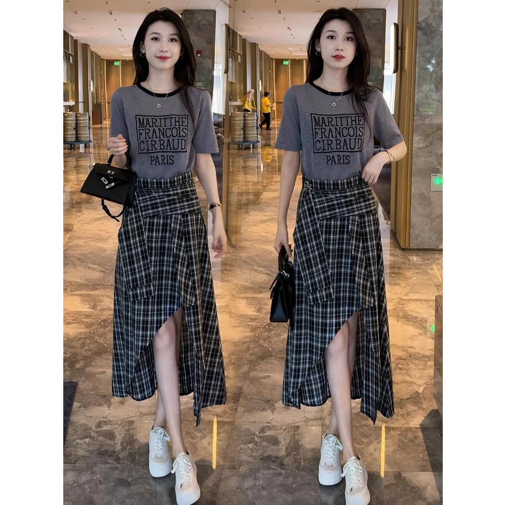 时尚洋气短袖T恤格纹半身裙两件套女夏季新款气质显瘦百搭套装裙