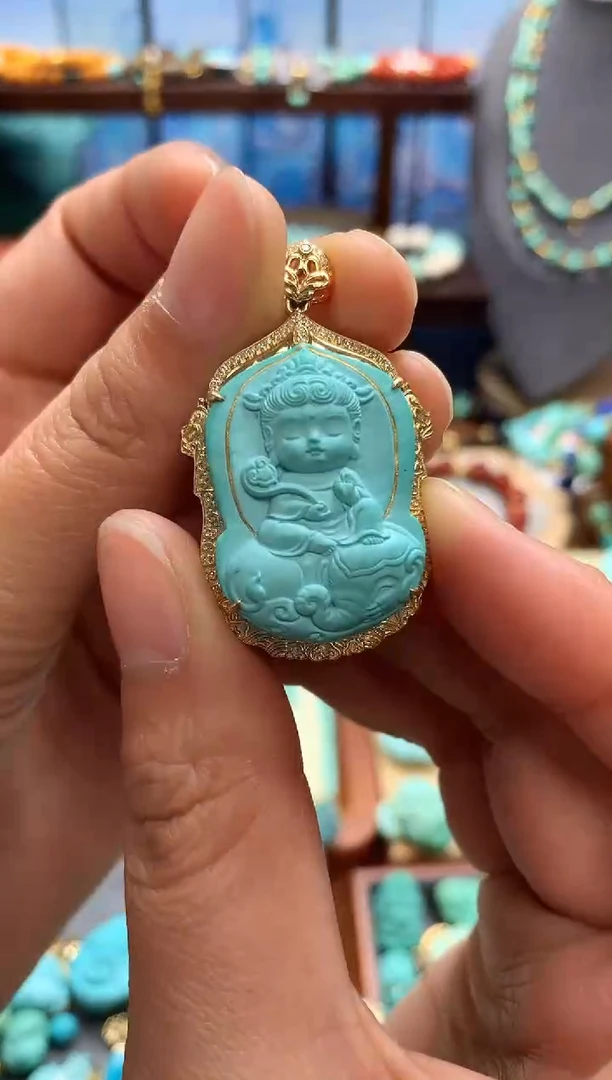 18K金镶嵌绿松石挂件高瓷精工普贤吊坠