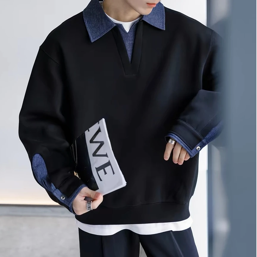 美式百搭复古男春季新款翻领高级感衬衫领上衣长袖卫衣男潮