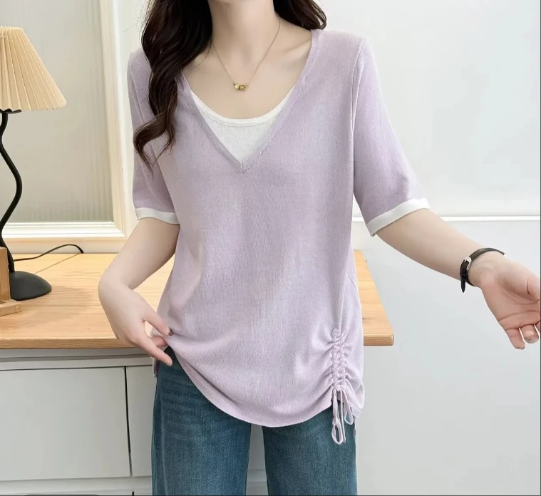 869#夏季薄款透气冰丝假两件短袖套头时尚百搭针织衫显瘦抽绳上衣