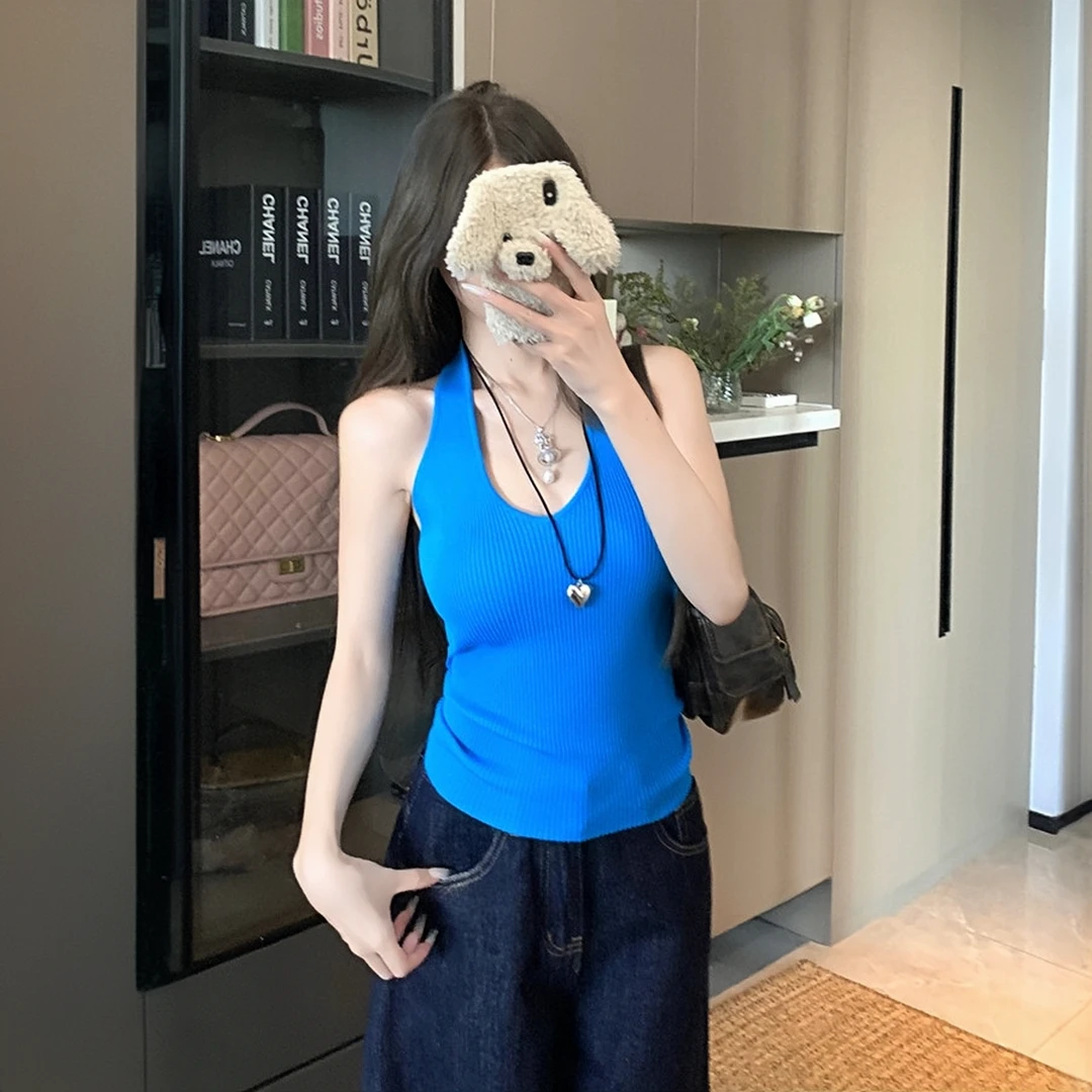 辣妹挂脖针织吊带背心女夏季新款设计感小众显瘦百搭无袖打底上衣