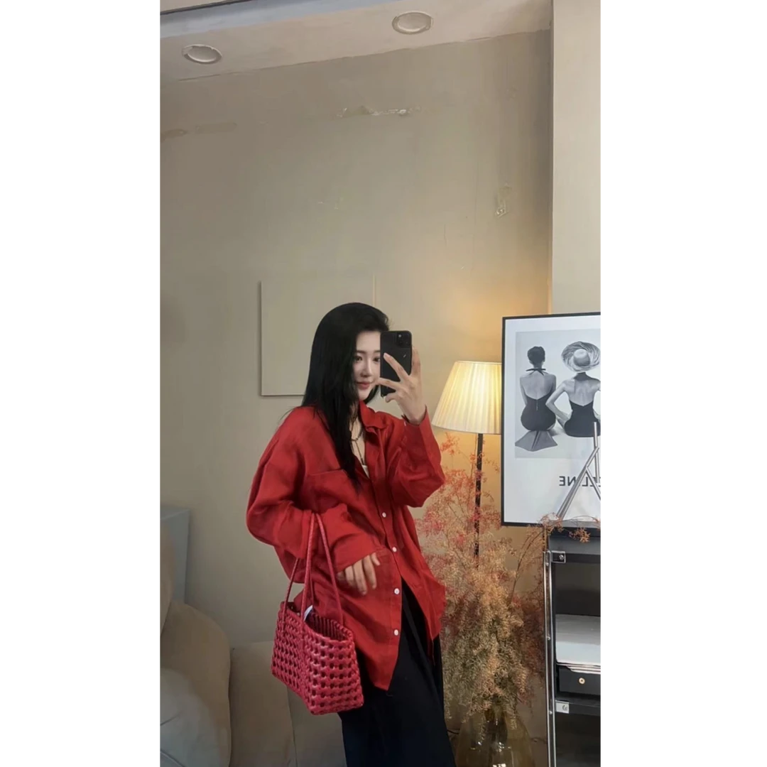 防晒夏季新款长袖常规宽松型翻领衬衫气质秋季复古衬衣