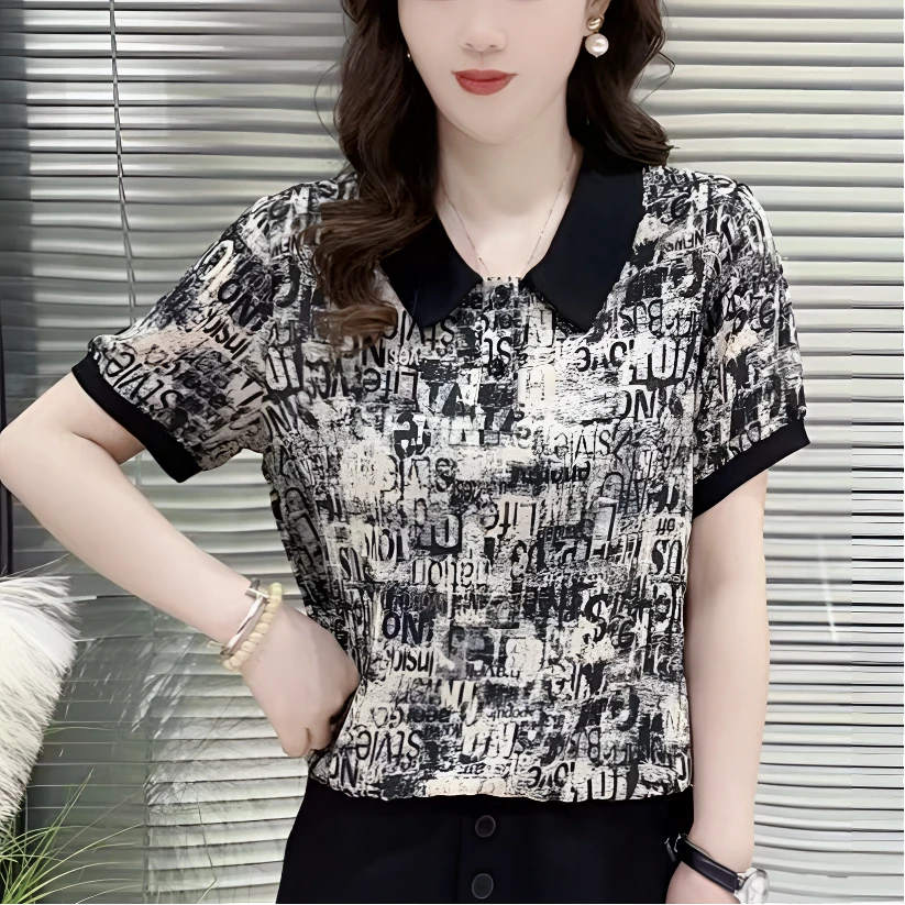 8263夏季女士宽松印花翻领短袖洋气时尚气质显瘦遮肚减龄