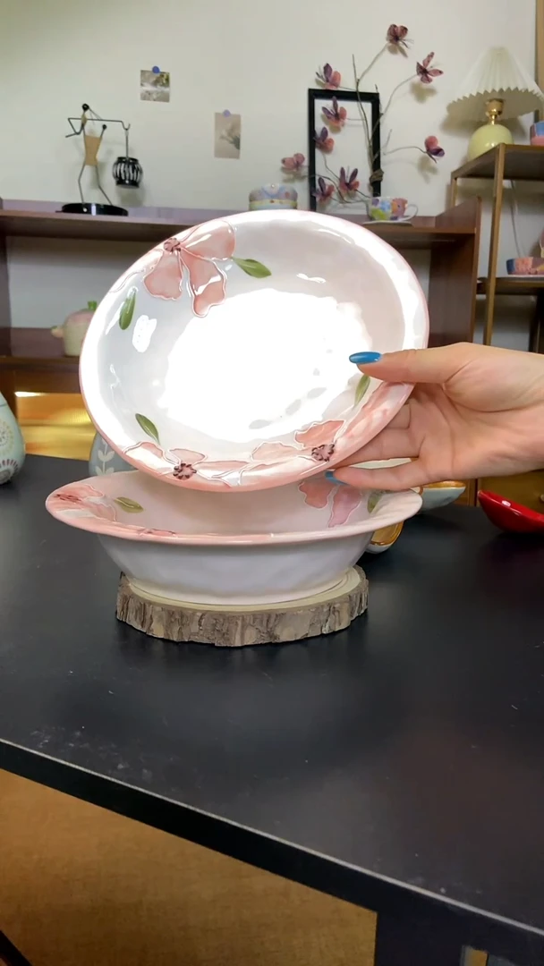 陶瓷粉花8英寸浅盘+深盘2个微瑕