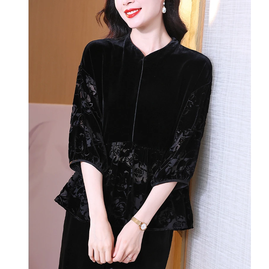 秋季新款真丝丝绒上衣女士黑色七分袖遮肉显瘦宽松显瘦桑蚕丝小衫