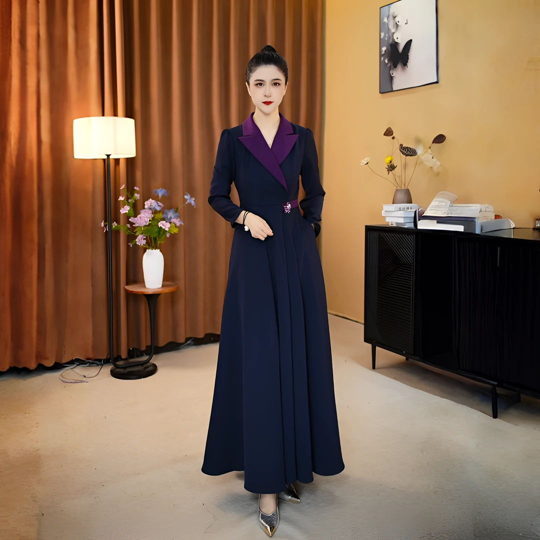 2025新款今年流行爆款收腰长袖藏蓝底拼紫色西装领Q011-21A