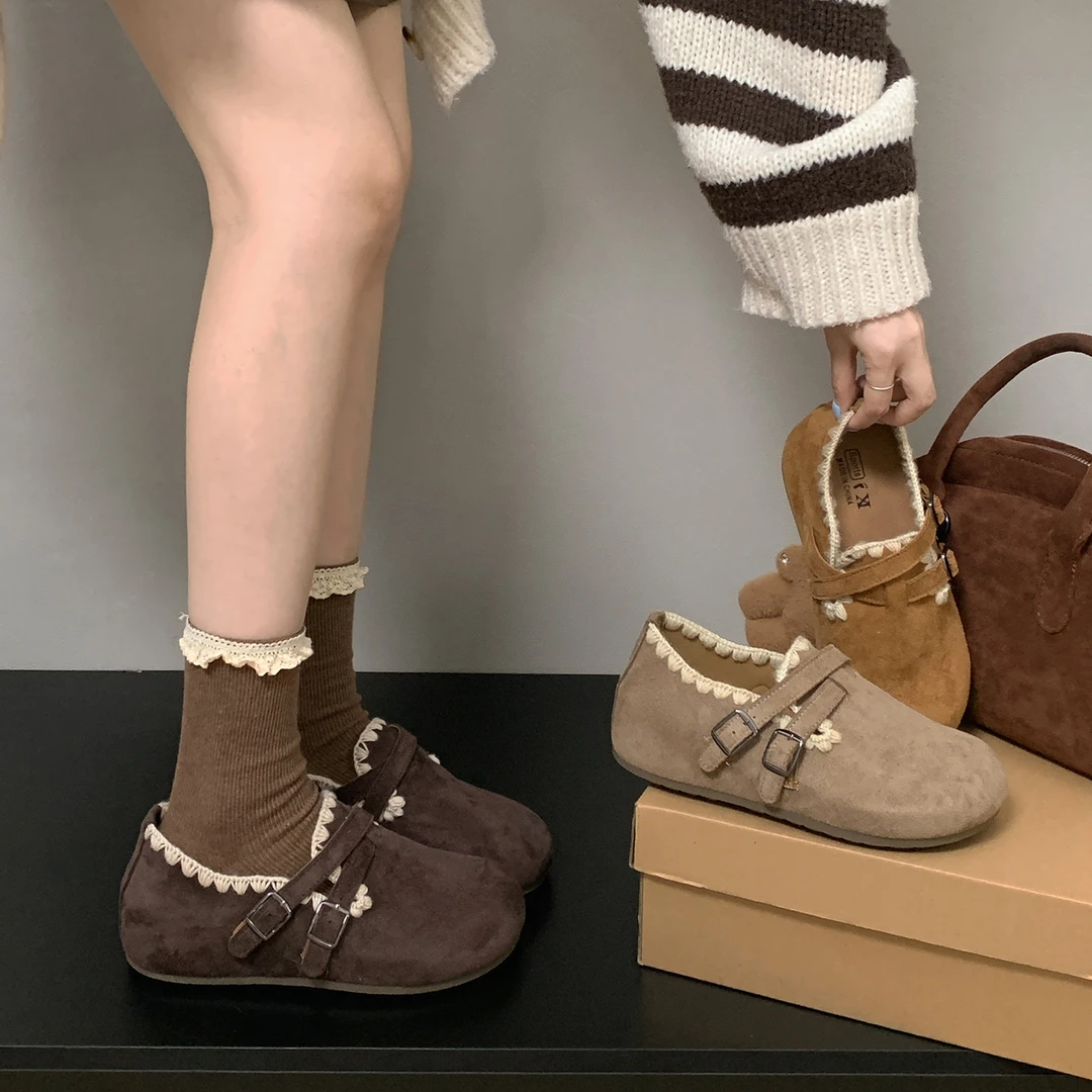 浪宸加绒棕色复古厚底全包勃肯鞋女2025新款秋季配裙子百搭单鞋子