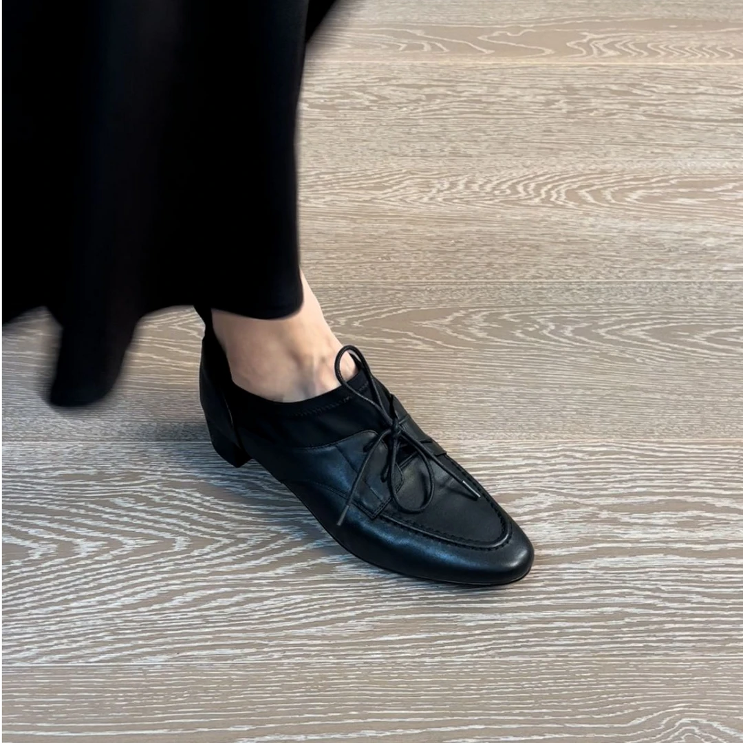 3.5CM头层牛皮女鞋中跟复古拼接系带深口皮鞋女2025春秋粗跟单鞋