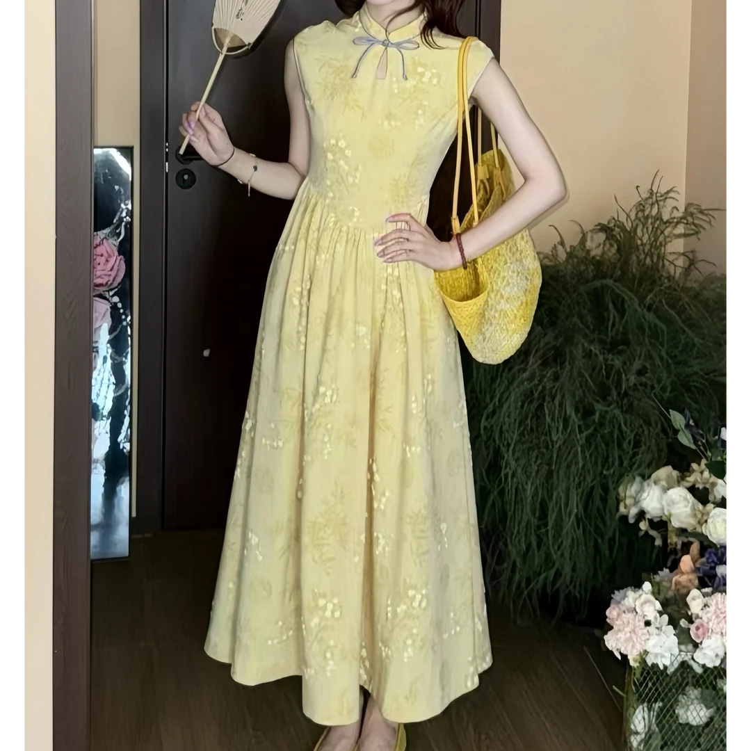 美静在这【白月光】旗袍款 竹梅图案 美静黄色连衣裙新品新中式长裙