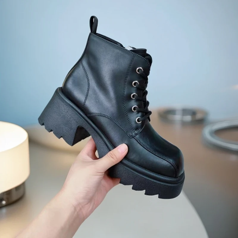 855-D10-单里新款高帮靴子女粗跟小短靴欧货时尚马丁靴英伦风