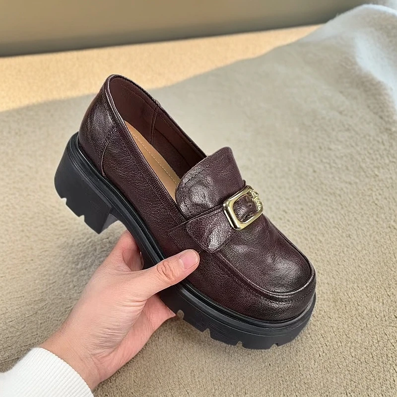 1643-C6-百搭高跟圆头浅口小皮鞋粗跟单鞋女