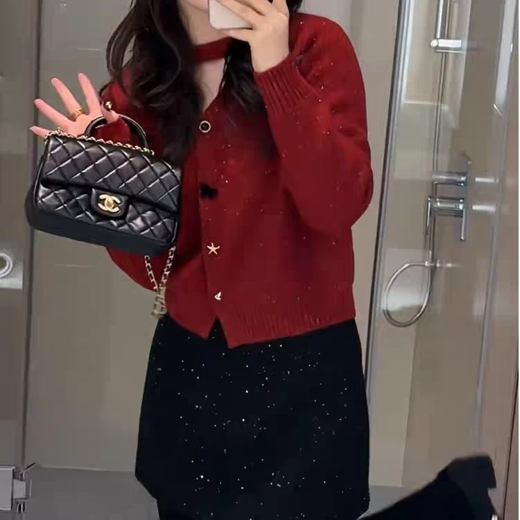 衣源1199#V领挂脖毛衣秋冬新款高级感长袖针织衫洋气毛衣（长约52）