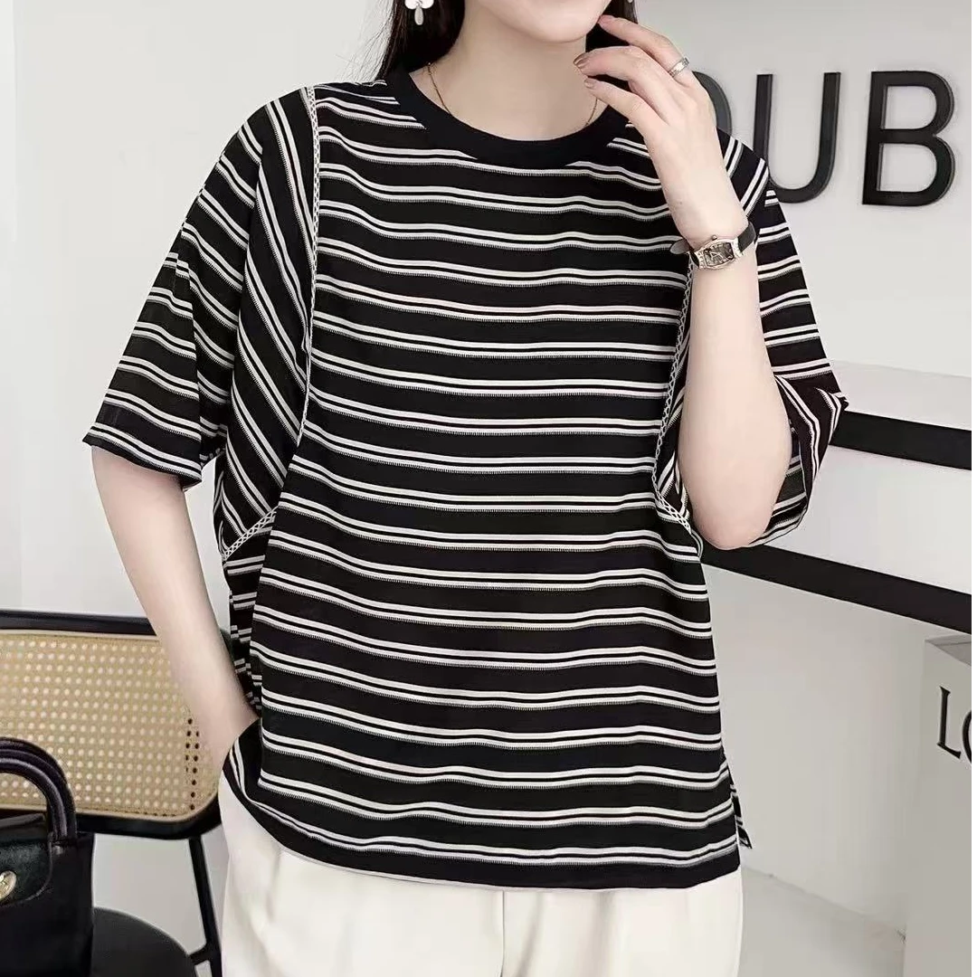 真丝女士短袖夏季法式桑蚕丝上衣别致小衫设计感宽松条纹衬衣A210