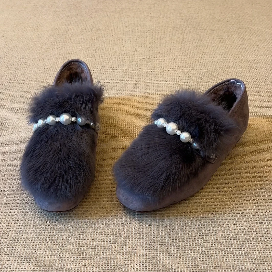 RubyL/2cm法式时尚珍珠链条通勤舒适一脚蹬平底加绒毛毛单鞋女款
