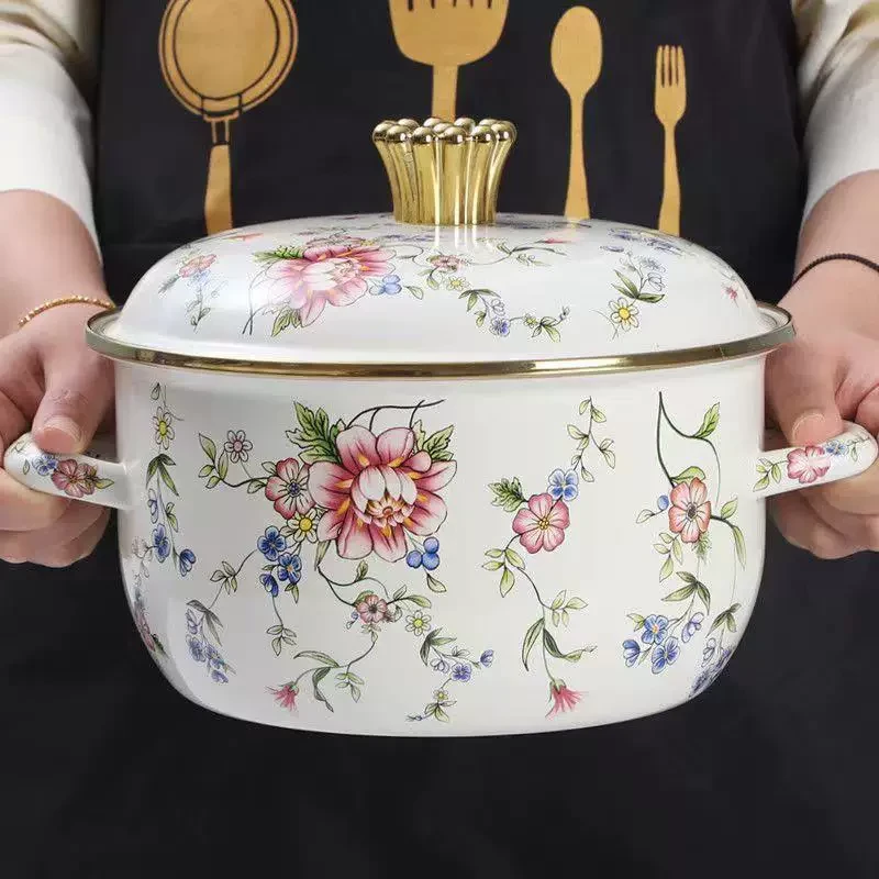 （粉丝福利）B碎花汤碗双耳搪瓷带盖大汤碗 颖儿