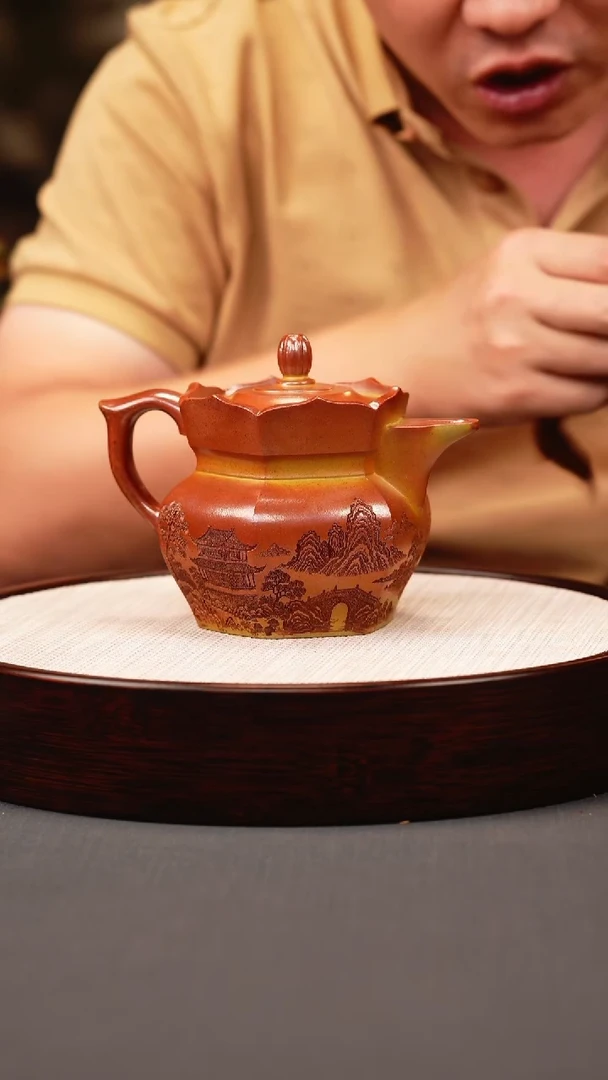茶壶紫砂火云烧 六方僧帽 刻绘