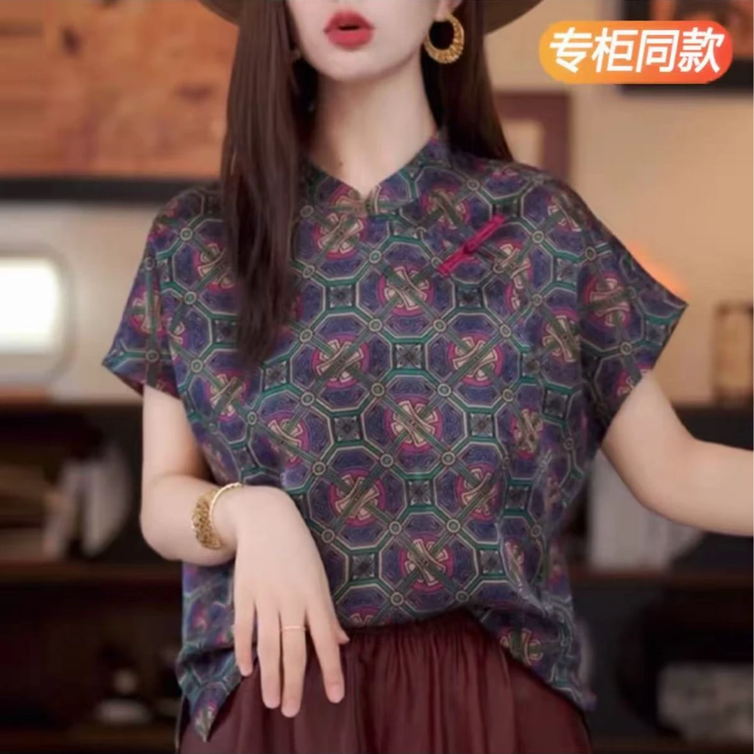 331复古中式薄款短袖国风斜襟夏季气质小衫显瘦宽松上衣