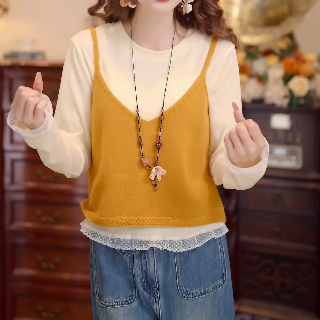 【水溶C】2025秋季新款复古港风毛织背心+T恤两件套上衣LK2506016