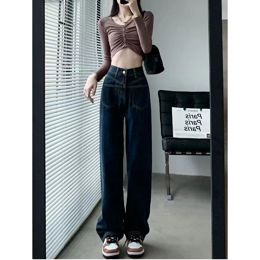 801#窄版阔腿裤牛仔裤女秋季新款高腰显瘦小个子宽松直筒裤子