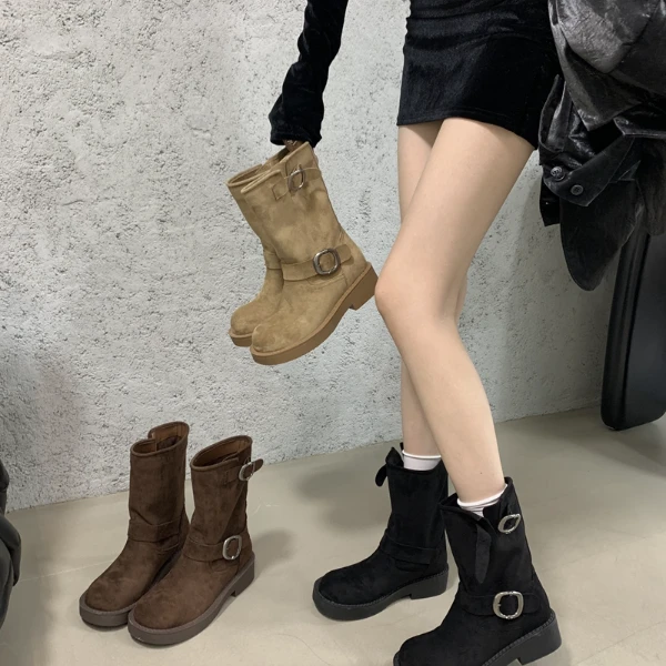 QR-1622-1复古西部靴圆头皮带扣短筒堆堆靴厚底短靴子机车马丁靴