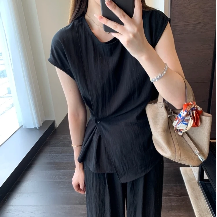 宝丫轻奢  女式时髦高级设计感斜扣小衫短袖T恤上衣K3076