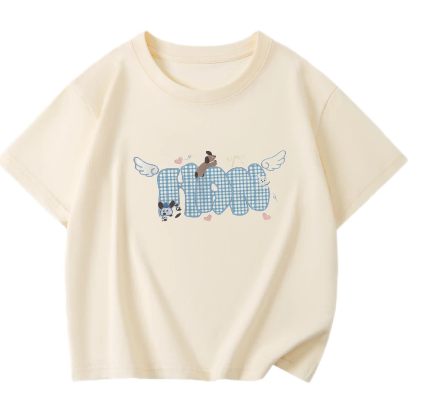 泡泡说【J820】儿童新款夏季短袖T恤女童杏色百搭潮流上衣卡通短袖