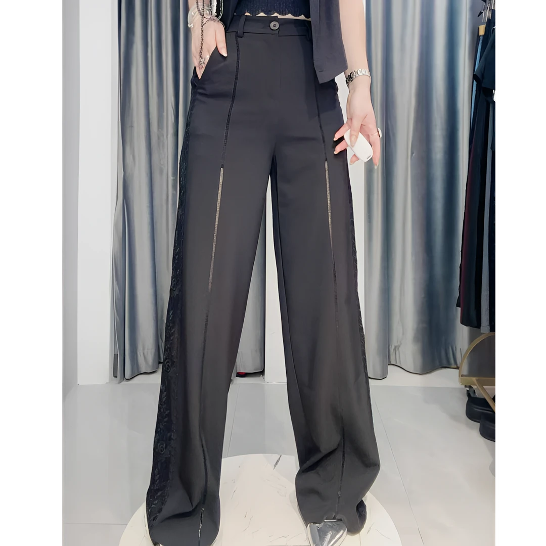 【依尚精选】夏季薄款气质重工侧边蕾丝直筒裤垂感百搭显瘦长裤女