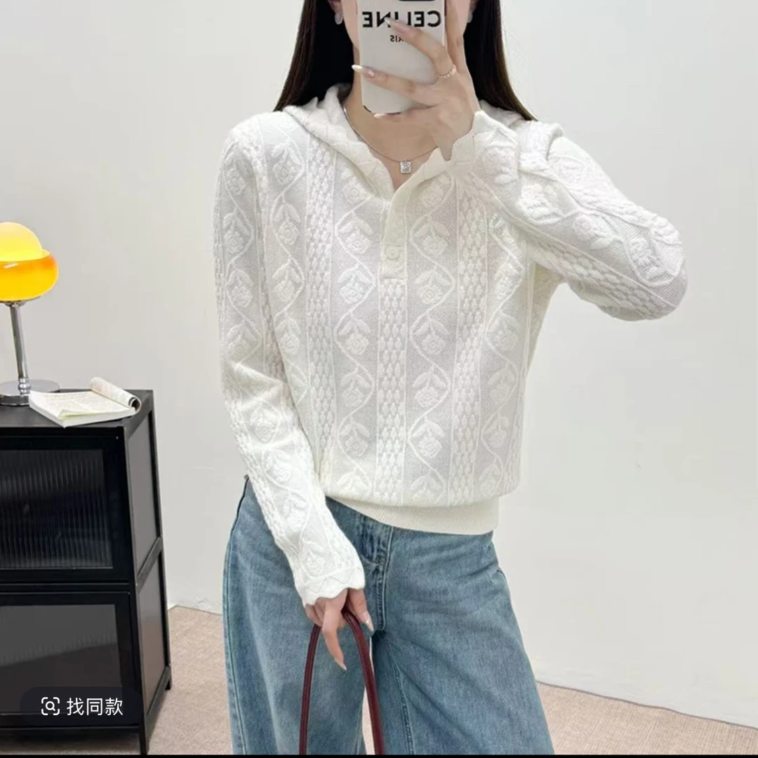 【靓大纹蕾丝连帽】新款韩系设计感针织毛衣春装帽衫
