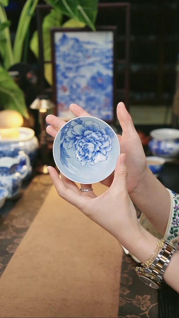 谷子窑 牡丹书法斗笠杯