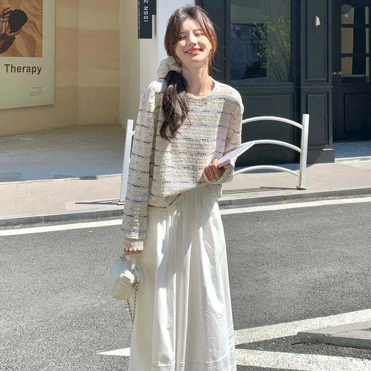 时尚彩虹条纹花边镂空套头宽松针织衫2025年春季新款 8183