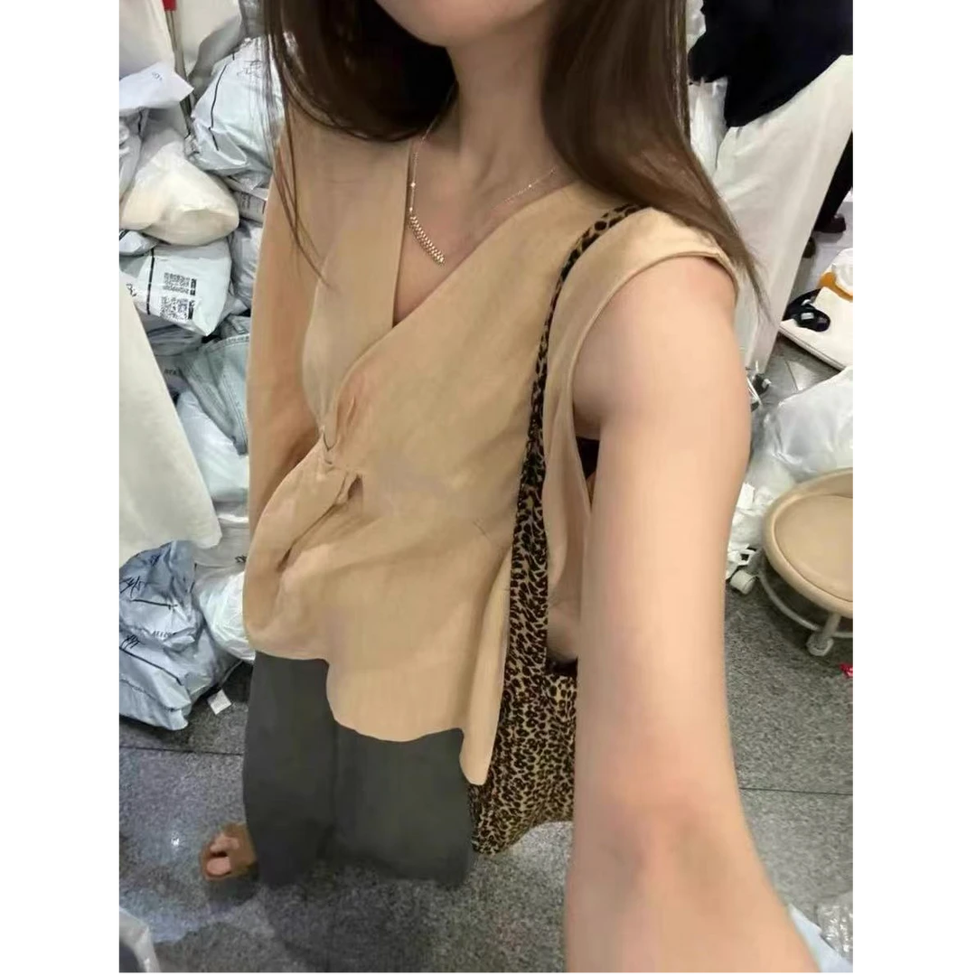 25192•CS# 扭结亚麻 ins极简玛卡龙粉慵懒老钱风无袖背心衬衫·