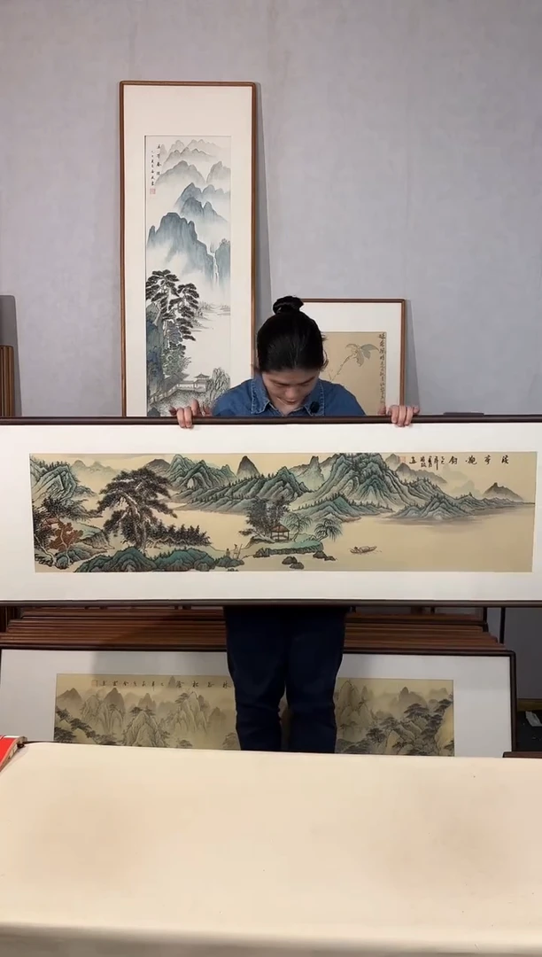 国画手绘*溪亭观钓52*172cm带框发货