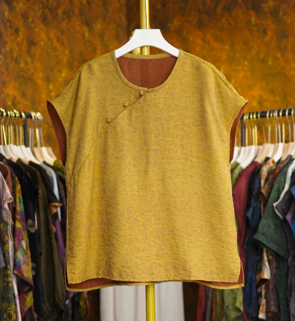 【落霞】新中式国风复古气质百搭短袖斜襟小衫女538