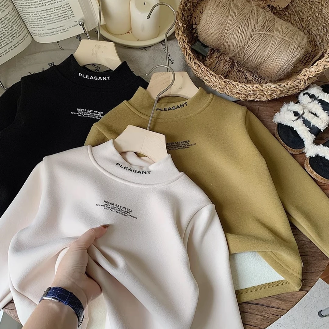 冬季新款儿童加绒打底保暖中高领中大童男女童上衣纯色韩版高领