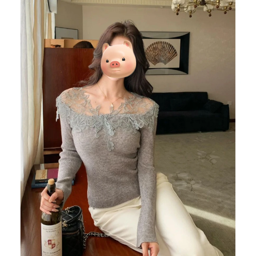 法式V领蕾丝拼接长袖针织打底衫女秋冬高级感修身内搭超好看上衣