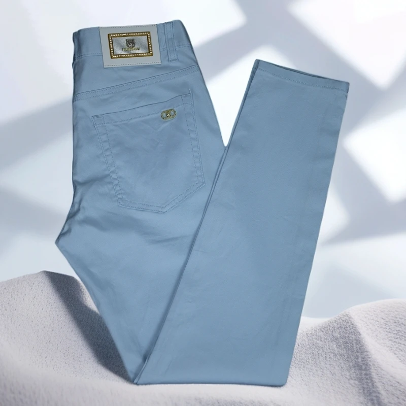 宾斯洛特天蓝色牛仔裤男夏季薄款莱赛尔修身小脚弹力休闲长裤子